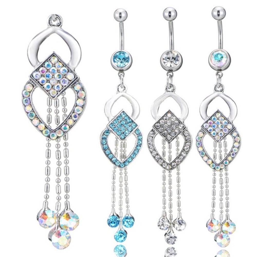 Silver Fancy Crystal Navel Ring Belly Button Ring - 3 Tones